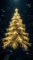 Golden digital Christmas tree with glowing ornaments and star in futuristic cyber space with data streams and matrix code background for holiday tech designs.