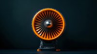 Jet engine turbine with orange and metallic blades on dark background, showcasing aerospace engineering and industrial power technology.