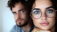 Young attractive woman with glasses and man in background portrait for lifestyle and relationship concepts.