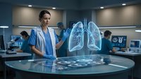 Female doctor examining holographic lung projection in modern medical facility with advanced technology for respiratory health diagnosis.