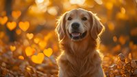 Smiling Golden Retriever dog portrait with natural heart shaped bokeh lights in warm autumn background during golden hour sunset creating magical atmosphere.