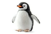 Baby emperor penguin chick with fluffy gray and white feathers standing on white background, isolated digital art character for children books and animation projects.