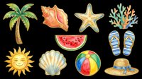 Watercolor summer beach clipart set with palm tree, shells, starfish, coral, sun, watermelon, ball, flip flops and hat, isolated on transparent background, ready for stickers and print on demand.