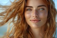 Young woman with natural freckles, blue eyes and windswept ginger hair smiling at camera in warm sunlight. Close up portrait showing genuine happiness and natural beauty.