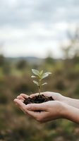 Hands holding young seedling with soil against blurred natural landscape background, symbolizing environmental conservation, sustainable growth, and ecological responsibility for eco-friendly projects.