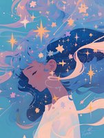 Dreamy young woman with flowing hair surrounded by magical stars and swirling cosmic elements in soft pink and blue tones, fantasy art style illustration.