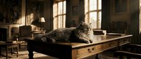 Tabby cat resting on wooden desk in cozy vintage study room with warm sunlight streaming through windows creating peaceful domestic atmosphere.