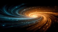 Abstract spiral galaxy with glowing orange and blue light trails creating dynamic energy vortex on black background for digital art and cosmic designs.