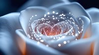 Glowing white rose macro with magical sparkles and light dots creating ethereal atmosphere. Dreamy floral art with soft bokeh effect and orange undertones.