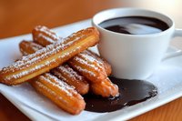 Fresh churros dusted with powdered sugar served on white plate with dark chocolate dipping sauce and coffee in ceramic cup, close up view of Spanish dessert.