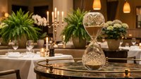 Elegant hourglass centerpiece on dining table with candles and plants creating luxurious restaurant ambiance for fine dining and hospitality design.