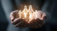 Glowing family silhouette floating above cupped hands against dark background, representing protection, care and family unity. Magical light effect creates warm atmosphere.