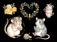 Cute watercolor mice clipart set isolated on transparent background, featuring cheese, floral wreath, teacups, and reading rat. Great for stickers, t-shirts, print on demand.