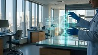 Professional businessman analyzing holographic data visualization in modern corporate office with city skyline view through floor-to-ceiling windows.