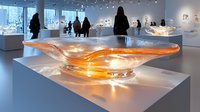 Modern art gallery interior with illuminated amber glass sculpture centerpiece on white pedestal, visitors viewing contemporary exhibits in spacious museum hall.