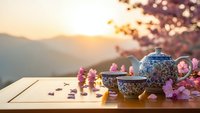 Traditional ceramic tea set with floral patterns on wooden table during golden hour sunset with cherry blossoms and mountain landscape background.