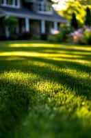 Sunlit green lawn with morning dew drops glistening in golden light, shallow depth of field creates dreamy bokeh effect against blurred residential background.