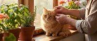 Senior woman gently petting orange tabby kitten on sunny windowsill surrounded by potted plants and flowers in cozy home interior.