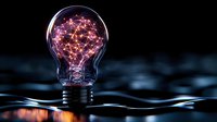 Glowing light bulb with pink neural network pattern inside on dark water surface, symbolizing innovation and artificial intelligence technology advancement.