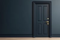 Classic navy blue wooden door with golden handle and lock against matching dark wall, featuring traditional panel design and hardwood flooring.