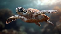 Green sea turtle swimming gracefully in deep blue ocean waters with sunlight filtering through, showcasing detailed shell pattern and extended flippers in motion.