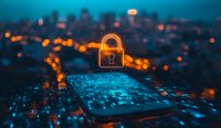 Glowing padlock hologram floating over laptop keyboard against blurred urban nightscape with bokeh lights, representing digital security and cybersecurity protection.