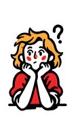 Cartoon character with orange hair and red outfit resting chin on hands with confused expression and question mark, isolated on white background.