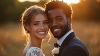 Interracial couple in elegant wedding attire smiling at golden hour sunset. Bride in lace dress, groom in dark suit with boutonniere for romantic celebration.