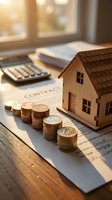 Wooden house model with stacked euro coins on mortgage contract and calculator, real estate investment and property financing concept.