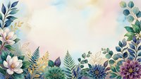 Watercolor botanical frame with pink and purple flowers, green foliage, and ferns on soft pastel background. Isolated design for invitations, cards, and web graphics.