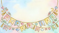 Young girl with blonde hair and light skin tone, wearing casual clothing, holding decorative bunting with hearts, stars, and floral patterns in pastel colors against soft watercolor background, isolated on white for greeting cards, invitations, and children's designs.