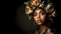 Young African American woman with golden floral headdress and matching shoulder decoration against dark background, creating dramatic artistic portrait.