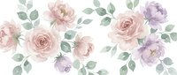 Watercolor floral pattern with pink and purple roses, eucalyptus leaves on white background. Seamless design for wedding invitations, fabric, wallpaper.