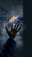 Hand reaching toward glowing star with golden and blue light trails against urban cityscape background. Success and achievement concept.