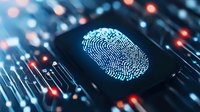 Glowing digital fingerprint scan on circuit board with red and blue lights, representing biometric security and personal data protection technology.
