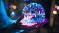 Glowing crystal ball with neon city reflections floating above palm in dark environment, illuminated by pink and blue lights creating magical atmosphere.