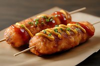 Grilled chicken yakitori skewers glazed with sweet soy sauce, garnished with green onions and mustard sauce, served on brown paper for Japanese cuisine.