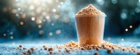 Creamy chocolate milkshake or protein shake topped with cocoa powder on blue background with bokeh lights and scattered powder.