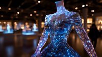 Luminous blue holographic female figure in elegant dress glows against dark exhibition space, creating futuristic art installation with ethereal light effects.