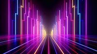 Futuristic neon tunnel with glowing vertical lines and perspective grid floor creating dynamic motion effect in purple, blue and yellow colors.