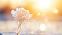 Crystalline rose sculpture formed by water splashes against golden sunset bokeh background, creating magical liquid art effect with droplets frozen in time.