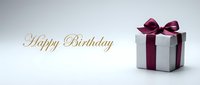Elegant Happy Birthday greeting card with silver gift box and burgundy ribbon bow on a clean light background.