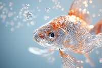 Orange and silver goldfish swimming in crystal clear water with sparkling bokeh bubbles and delicate flowing fins against soft blue aquatic background.