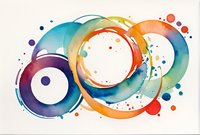 Vibrant watercolor circles in rainbow colors with splashes and dots create dynamic abstract composition on white background. Artistic fluid shapes flow across surface.