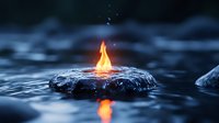 Single flame burning atop dark wet stone in flowing water, creating mystical atmosphere with orange fire reflection. Dramatic nature photography with selective focus.