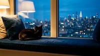 Black cat resting on window seat with city skyline view at night, urban apartment interior with warm lamp lighting and cushions.