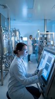 Female scientist in white lab coat analyzing data on computer screen in modern pharmaceutical laboratory with advanced equipment and blue lighting atmosphere.