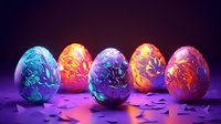 Glowing decorative eggs with intricate floral patterns illuminated in neon colors against dark background, creating magical Easter atmosphere.