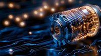Glowing quantum processor with circuit paths and bokeh lights on dark background, futuristic computing technology concept for artificial intelligence.
