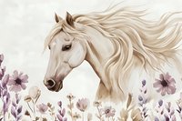Graceful white horse with flowing mane amid purple wildflowers and delicate petals, artistic watercolor style composition on light background. Suitable for wall art and decor.